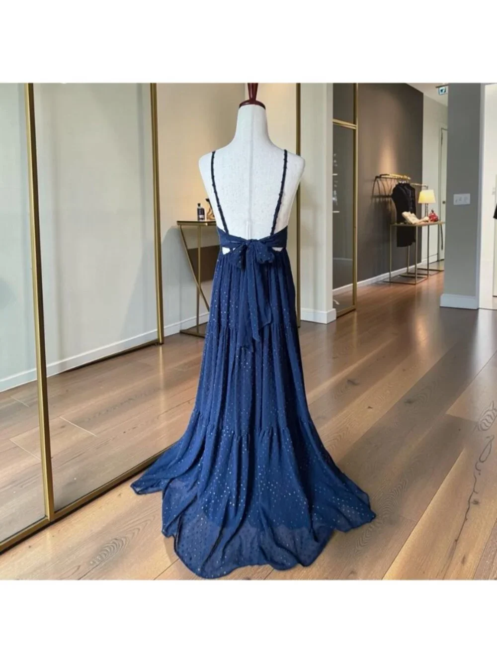 Le Superbe Starry Night Navy Blue Metallic Swiss Dot Tiered Maxi Dress Size 8 - Picture 2 of 10